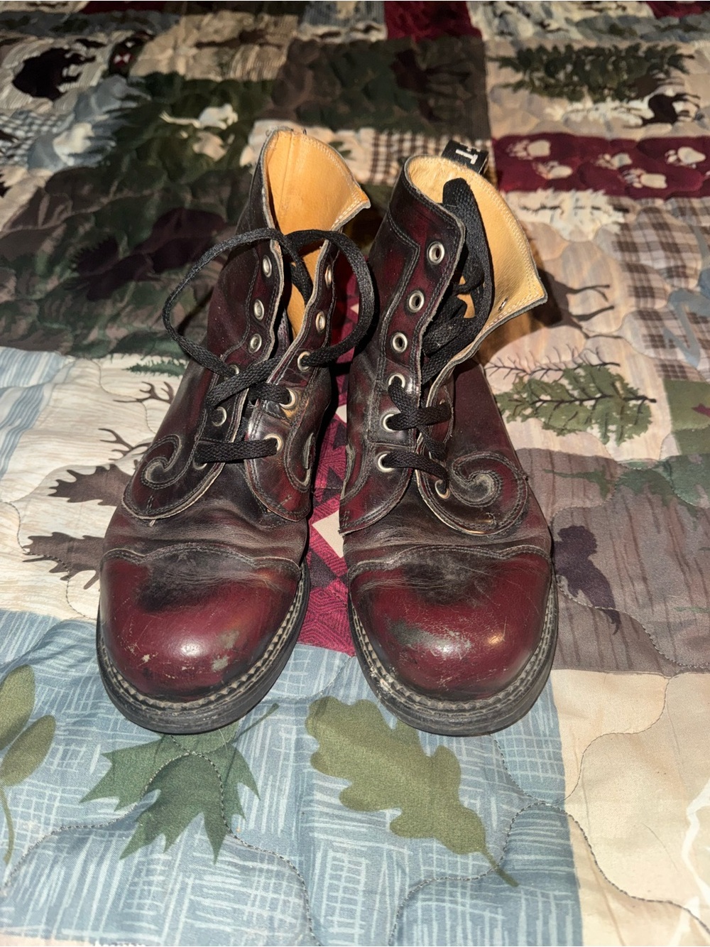 John Fluevog swirl Burgundy Leather Lace-Up Boots